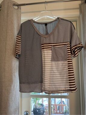 SHEIN Brown and Cream Striped Patchwork V-Neck Short Sleeve Top size large